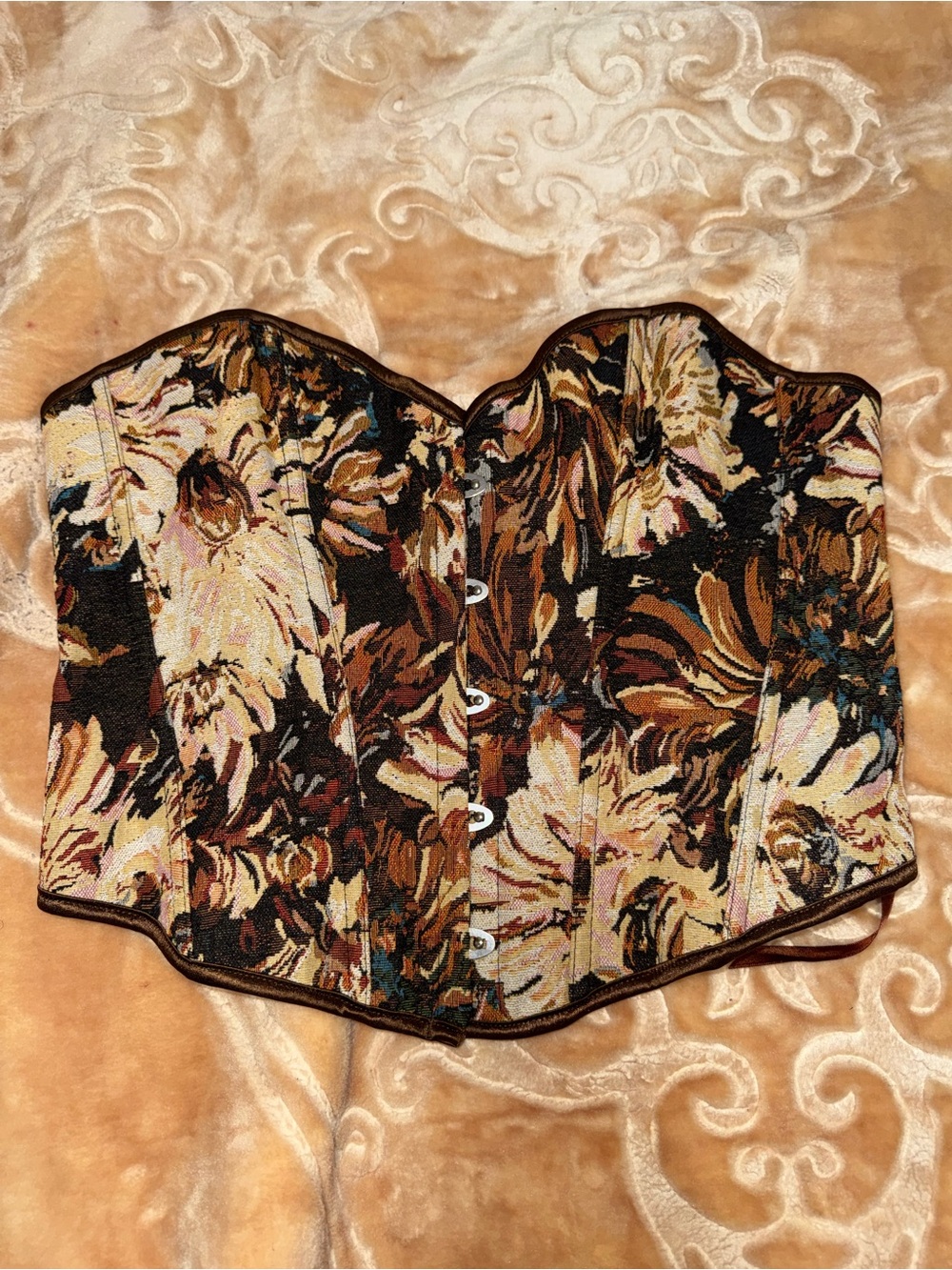 Floral Brocade Corset Top - Brown Multi